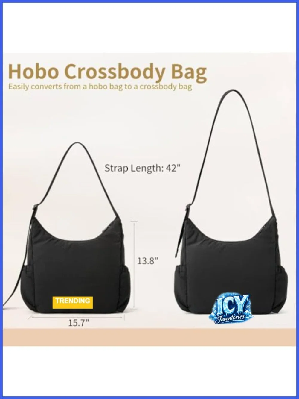 Large Nylon Hobo Crossbody Bag Lightweight Travel Handbag Adjustable Strap